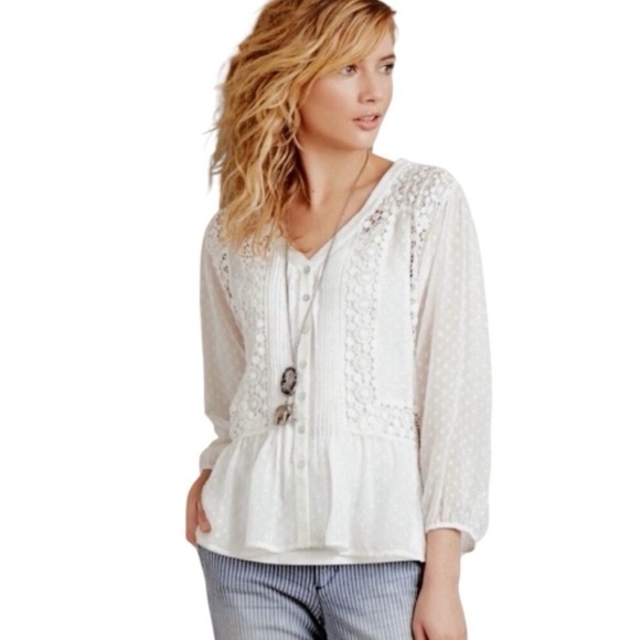 Meadow Rue Tops - Meadow Rue Victorian Pleated Lace Swiss Dot Peplum Blouse Medium